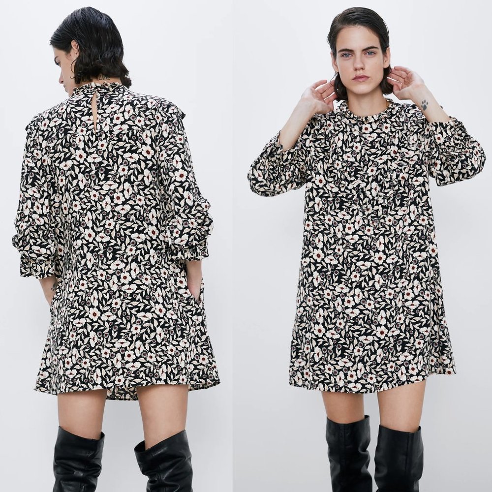 NEW Zara Ruffle Floral Printed Long Sleeves Dress - Picture 5 of 9